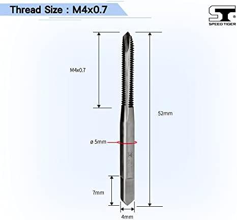 Брза тигар TGM_M4X0.7 HSS Спирални точки славини, Метрика M4x0.7mm H2 толеранција, Необјавени 3 директно флејти - направени во Тајван