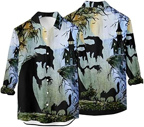 Врвови за мажите за Ноќта на вештерките графички кошули со долги ракави плус големина на мода, врвови на блуза за кардиган, блузи, врвови