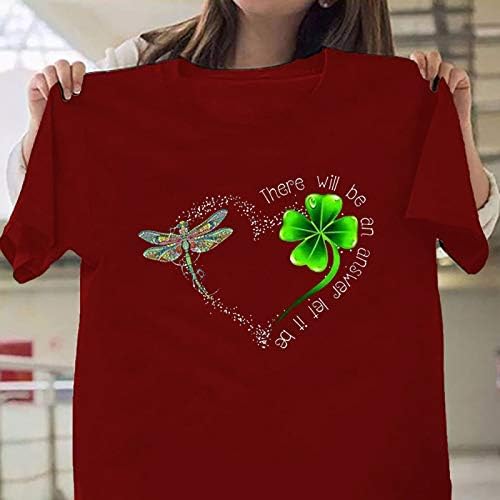 Mirtенска маица на Денот на Свети Патрик, симпатична змеј со лисја со четири лисја, печатена кошула врвови со кратки ракави, обични графички маички