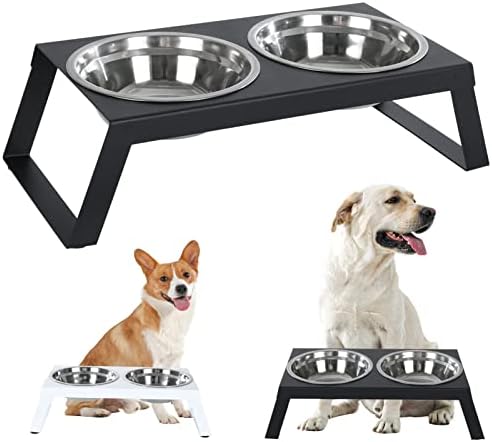Зголемени чинии за хранење за кучиња - метална рамка со полица за преклопување и две чинии од не'рѓосувачки челик.