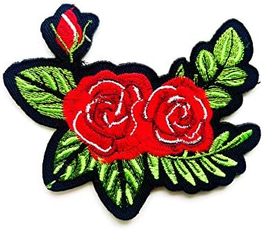 Црвени црвени рози цвеќиња Букет2 Loveубовни велосипедисти закрпи Апликација Извезено шиење на железо на лепенка за ранец фармерки