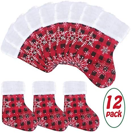 Vanteriam 7 инчи мини Божиќни чорапи 12 пакувања, рустикален персонализиран црвен и зелен кариран дизајн со снегулка и руно манжетна, одличен