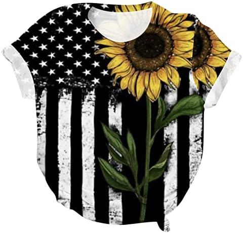 Dayенски печатен маица Ден на независност на летото американско знаме врвови лабава лабава кратка ракав за блуза со вратот на вратот