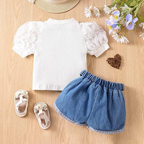 Детско дете бебе девојчиња лето облека ребра за кратки ракави со кратки ракави врвови тексас џин шорцеви поставуваат 2 парчиња облека 2-7Y