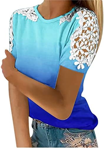 Женски Летни Врвови 2023 Мода Печатена Маица Чипка Кратки Ракави Блуза Кружен Врат Обични Врвови