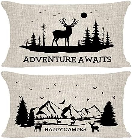 Hysunland Happy Camper Adventure Wature Pemlough Case Covers 12x20 сет од 2 елени борови дрвја планини лумбална бурлап на отворено фрлање