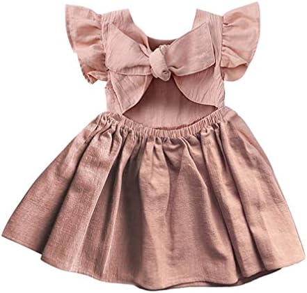 Lnicear дете бебе девојчиња руфле ракав фустан памук постелнина цврста боја без летни летни фустани за забави