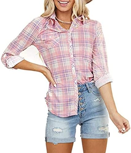 Обезбедена женска плиада блуза обична лесна лесна дише долга ракав кошула гроздобер кошула модна решетка мода решетка