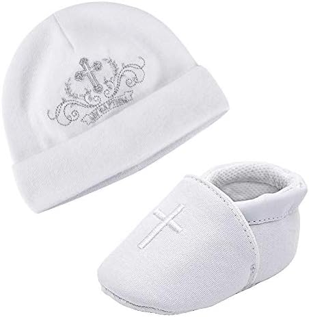Естамико Бебе новородено меки единствени чевли со бело извезено биб или сет на капа