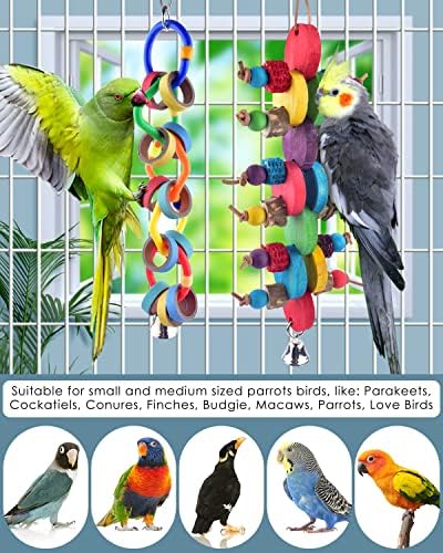 Бисап 2 парчиња џвакани птици играчки, разнобојни џебови каскадни птици папагали играчки за гризење хартија картонски олимписки прстени конзури