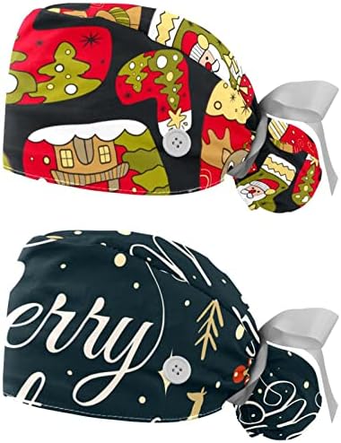 Womenените работни капа со копчиња буфантна капа естетски Божиќ Дедо Мраз елени Елк чорапи медицинска сестра за чистење капачиња долга коса