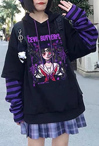 Winkey Women Kawaii Gothic Hoodie Јапонски аниме принт y2k качулка џемпер симпатична шема Харајуку шема со долг ракав пуловер
