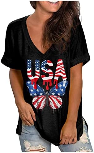Зефотим 4 -ти јули кошули жени 2023 Краток ракав против вратот лето моден обичен американско знаме врвови блузи