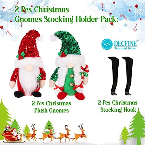 Decfine 2 пакувања Божиќни sequins Gnomes Sharking Sharking со метални облоги за чорапи/куки камин газ