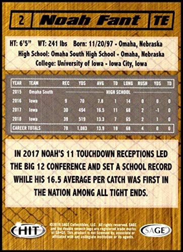 2019 Sage Hit Premier Draft Suries Series 2 Noah Fant RC Rackie Iowa Football Trading Card