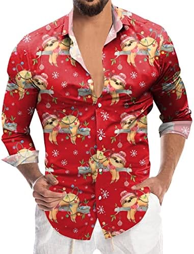 XXBR Божиќни мажи Обични кошули со задници со долги ракави со новите новини на вратот Смешна Xmas Дедо Мраз печати маичка за печатење