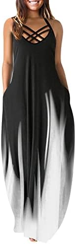 FQZWONGенски женски боемски макси фустани со џебови лето секси шпагети каиш против вратот обичен/шарени обични долги фустани