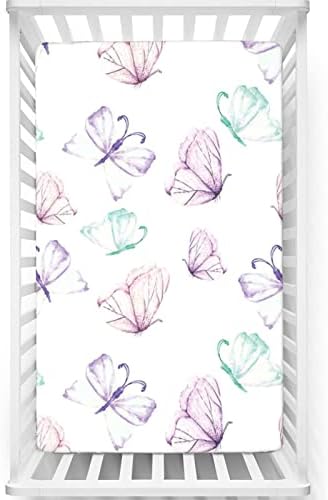 Виолетова пеперутка тематска опремена мини чаршафи за креветчиња, преносни мини креветчиња за креветчиња меки и кревети за кревети