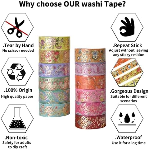 Qianshan 12 Rolls Washi Tape Set, 15 mm широк естетски декоративно маскирање лепило за лепило за резерви за книги, занаети за DIY, завиткување,