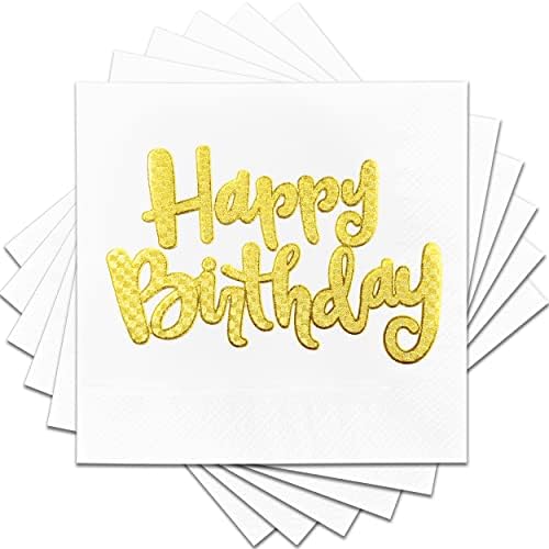 Среќен роденден Златни салфетки Коктел за еднократна употреба Златна фолија 50 парчиња пакет 2 парчиња 5 x5 склопени инчи за