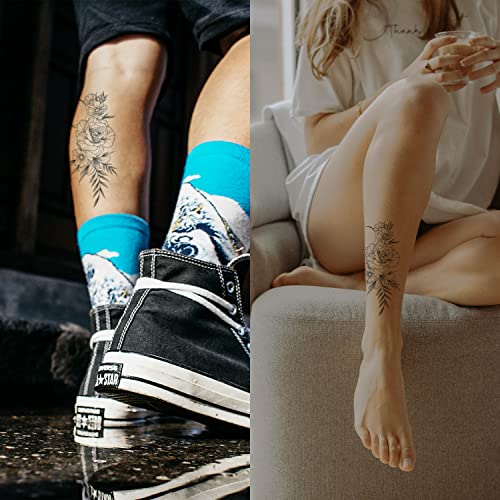 Цвеќиња привремени налепници за тетоважи, водоотпорни лажни тетоважи за маж и жени, долготрајни украси за уметност на нога/рака/тело, ладни црни
