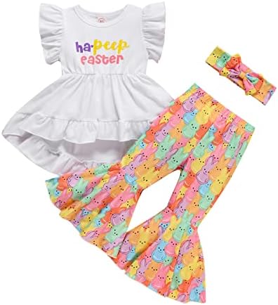 Noubeau Toddler Бебе девојче Велигденски облеки Руфла буква зајак печатен фустан кошула Топ леопард bellвончето-светлосен панталон за глава