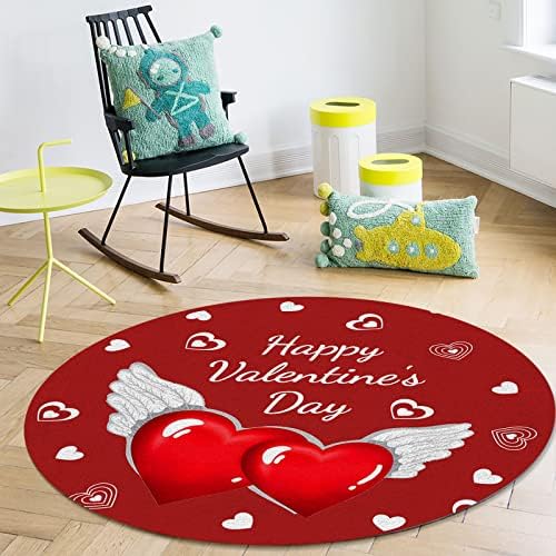 Голем килим за дневна соба за дневна соба, 4-ти килими кои не се лизгаат за детска соба, среќно срце на вineубените срце со крилја црвена позадина