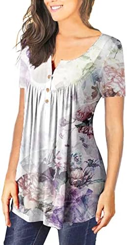 Женски врвови бохо цветни блузи се кријат стомак туника, проток на копчињата со маички надолу, плус големина празник летни врвови