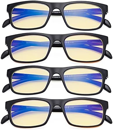 Очила за Читање Со 4 Пакети Компјутерски Очила-Дизајн На Шема Сина Светлина Што Ги Блокира Читателите За Жени Мажи со Жолто Затемнети +2.50