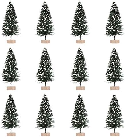 Мали Новогодишни Елки 12 парчиња Божиќни Мини Борови Дрвја Дрвена Основа Десктоп Четка За Шишиња Дрвја Сисал Снег Мраз Дрвја Декор На