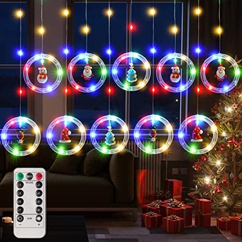 Божиќна прозорец завеса виси светла: 11ft LED Fairy String Twink Xmas Multicolor Decorative Santa Ring Light со далечински управувач за