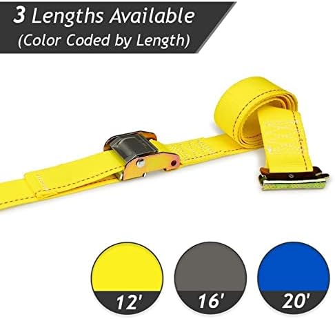 DC Cargo E-Track Cam Buckt Ramps Cargo Tie-Downs, 2 x 20 тешки жолти полиестерски вратоврски ленти од камера, силни ленти за тока на камери, пролетни фитинзи за е-патека, врски со моторцикл