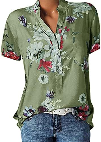 Ndvyxx жени плус големина печатено копче надолу кошули Гроздобер кратки ракави цветни V вратот лабава блуза