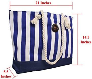 Тешка торба со плажа на платно, голем тоте со внатрешна постава - сина/бела боја
