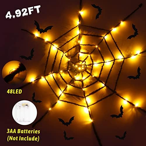 Ccinee Halloween Spider Web Lights, 48 ​​LED 4,92 метри дијаметар портокалова жица светла 2 режими осветли мрежа за забава во затворен