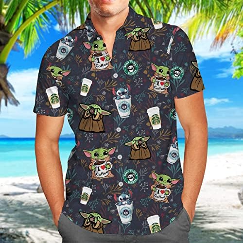 Huntfami симпатична зелена бебешка туѓо со кафе, хавајска кошула, случајно копче надолу кошула за lубител на кафе, филмска кошула