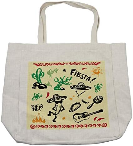 Амбесон мексиканска торба за купување, популарни шпански цртани филмови со Fiesta Taco Guitar Cactus Plant Nachos Print, еко-пријателска
