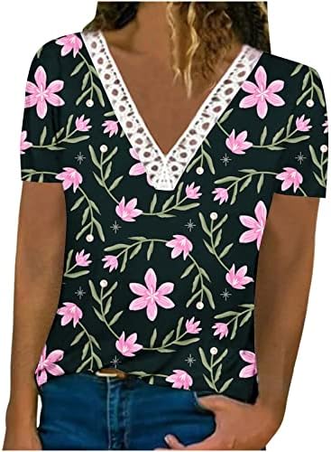 2023 Краток Ракав Длабоко V Вратот Цвет Графички Обична Блуза Маичка За Жени Fall Лето Чипка Памучна Блуза H6 H6