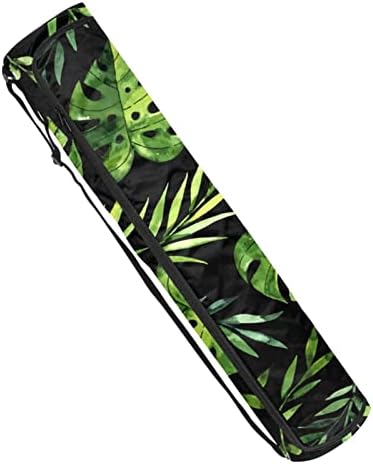 Јога торба со мат со прилагодлива лента за рамо со целосна зип-мат торба за жени тропски црн зелен лист