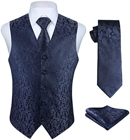 Hisdern 3PC Машки Paisley Floral Jacquard Suit Vest & Necktie and Pocket Square Официјално елек за свадбена венчавка за свадбена венчавка