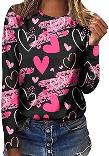 Женски Обични Долги Ракави Блуза Денот На Вљубените Срце Печатени Кошули Обични Модни Дуксери На Екипажот Пролет