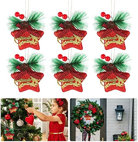 Toyandona приврзоци 6PCS Божиќни пена starвездички украси што висат украси на сјајни starвезди со бери гранчиња и бор игла, црвени украси за