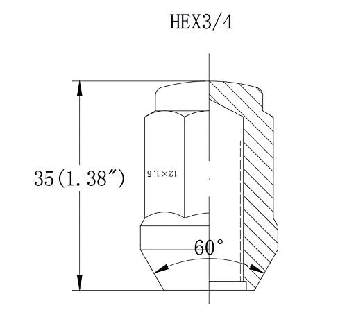 Орев на тркала Ореви M14x1.5 - Конусно седиште 60 степени, 3/4 （19мм) хексадецимален/клуч, вкупна должина 1,38, ширина/дијаметар 0,75 , затворен