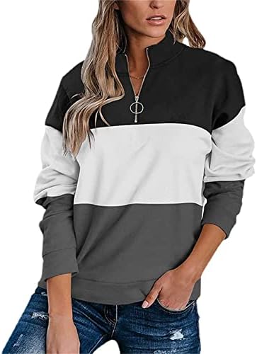 Женски обичен држач за јака, џак -маичка со долги ракави четвртина патент -пуловер врвови со џебови во боја на џебови во боја на џебови