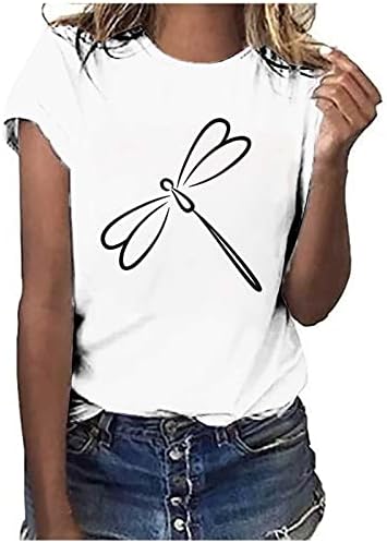 Женска симпатична графичка маица со кратки ракави екипаж вратот на вратот, принтри за летни маички со маици врвот