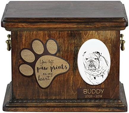 Уметност Куче Оод. Англиски булдог, урна за кучешка пепел со керамичка плоча и опис