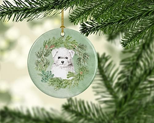Богатства на Каролина CK8913CO1 Bichon Frize кученце Божиќ венец керамички украс, украси за новогодишни елки, виси украс за Божиќ, празник,