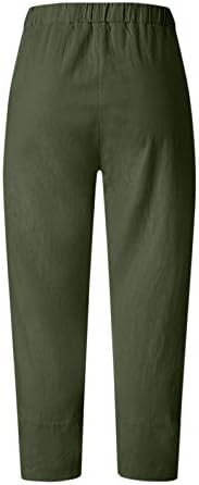 Ubst дами печати еластични памучни постелнини панталони со џебна обична лабава права култура капри панталони за жени лето