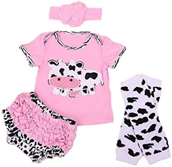 Бебе Рае розова облека од крава 4 во 1 сет: крава кошула+глава лента+чорапи за нозе+шорцеви