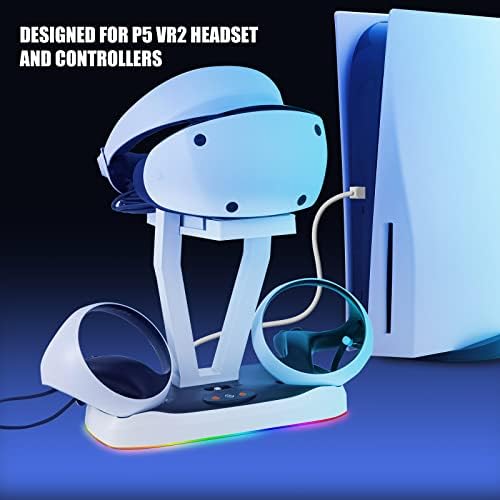 Charger PS VR2, PSVR 2 контролор за полнење на пристаништето со држач за држачи за VR и светло RGB, станица за полнење за додатоци PS5